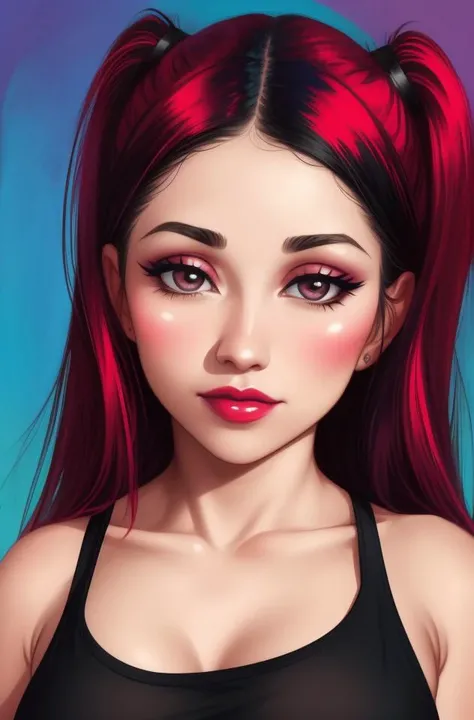 photo of alexcoal-1300, face and bust portrait, (tanktop), makeup, abstract artistic background, high quality, , sharp focus, natural skin texture, highly detailed face, masterpiece, absurdres, (by arny freytag)