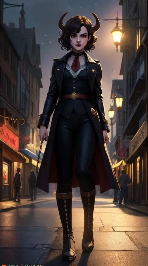 ((portrait)), A Tiefling with long thin twisted horns, dark red skin, curly black hair, an evil smile, glowing yellow eyes, lion fangs in the role of a Joker\(Joker 2019\), stands in a leather coat with metal chains, brass buttons against the background of a medieval city's night street, ((Portreitshoot)) directional look, cinematic composition, (intricately detailed, fine details, hyperdetailed), ultra-detailed, (backlight:1. 2) intricate, style-empire, (lens flare:0.7), particle effects, raytracing, cinematic lighting, shallow depth of field, photographed on a Sony Alpha 1, 50mm wide angle lens, sharp focus, cinematic film still, absurdity, 8k quality, diffuse lighting, highres, (dark shot:1.17), epic realistic, faded, ((neutral colors)), art, (hdr:1.5), (muted colors:1.2), hyperdetailed, (artstation:1.5), cinematic, (rutkowski), warm lights, dramatic light, (intricate details: 0.8), BREAK, RAW image, Epic scene, Masterpiece, (((Vector))), ((Comics style)), (acrylic paint:0.4), Masterpiece, (Emma Watson: 1.5), (detailed beautiful face + detail skin pores, imperfect skin, ultra-detailed body:1.3), open mouth, ((tongue)), (vet mouth), (((milk))), from the front, (acrylic paint:0.4), art, artstation, (disney cartoon:0.5), dull colors, (anime style:1.2)(((Vector))), ((Full body)), ((Comics style)),