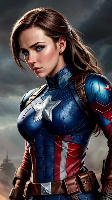 Closeup photo portrait of female Captain America, atmospheric scene, masterpiece, best quality, (detailed beautiful face, detail skin texture, ultra-detailed body:1.1),