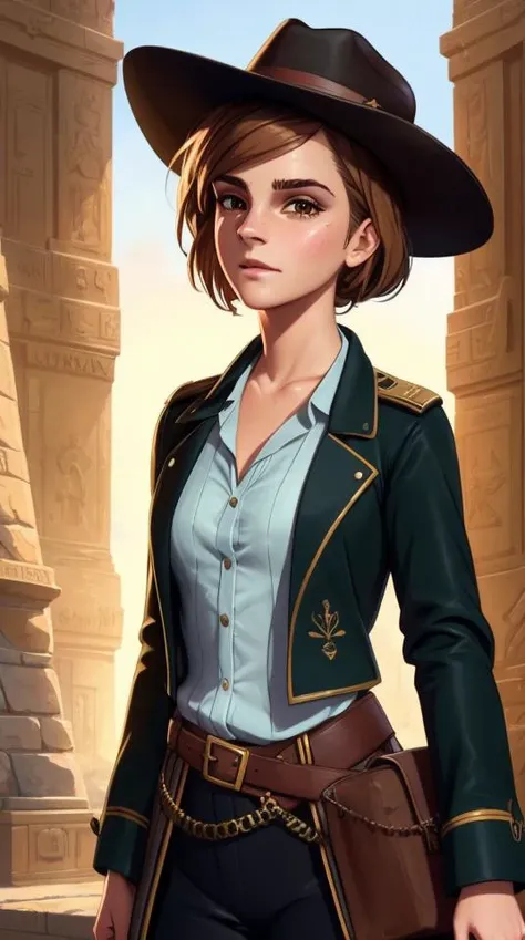 (best quality)), ((masterpiece)), ((realistic)), (detailed), portrait ((Emma Watson: 1.5) as an archaeologist), with eather cowboy hat and jacket with epaulettes), (detailed beautiful face, detail skin pores, imperfect skin, ultra-detailed body:1.3), from the front, art, artstation, (disvey cartoon style:0.7), (anime style: 0.2), dull colors, detailed digital art, trending on artstation,