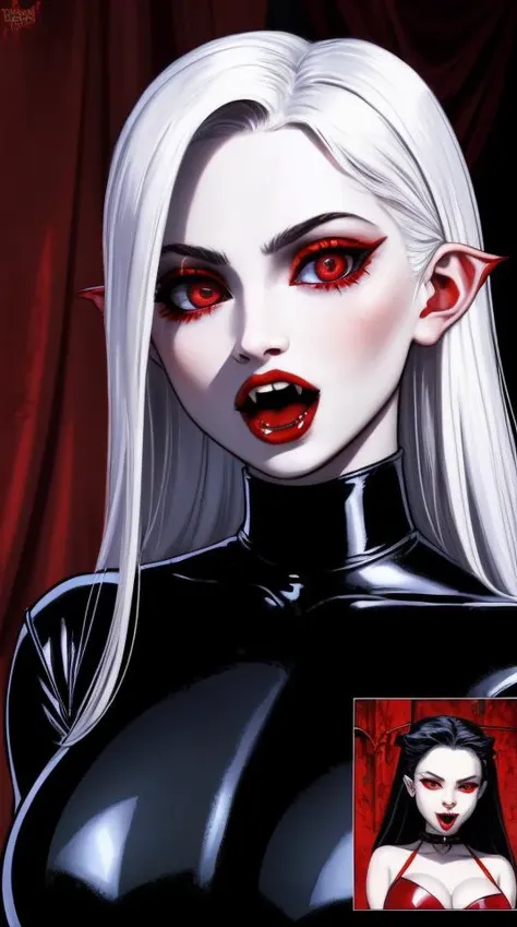 Comics style, ((portrait)), award-winning photo portrait of a (petite, tiny) female (vampire: 1.4) , open mouth, ((vampire fangs)), wearing latex uniform, with blood on her lips, huge breasts, very pale skin, (bloody crimson eyes), (perfect detailed eyes), fantasy castle interior background, hyperdetailed, (closeup:0.9), Comics <lyco:locon_sadie_v1_from_v1_64_32:1>