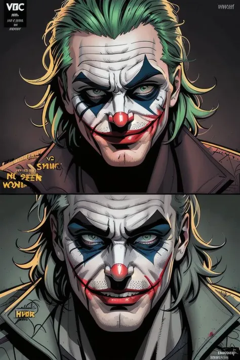 ((Vector)), (((Comics style))), A Joker\(Joker 2019\), evil smile, open mouth, protruding tongue, tousled green hair, epic, realistic, faded, neutral colors, ((((hdr)))), ((((muted colors)))), intricate scene, artstation, hyperdetailed, cinematic shot, warm lights, dramatic light, intricate details, vignette, complex background, [[teal and orange]], slate gray atmosphere, hyperdetailed, (closeup:0.9), ((Vector)), (((Comics style))),