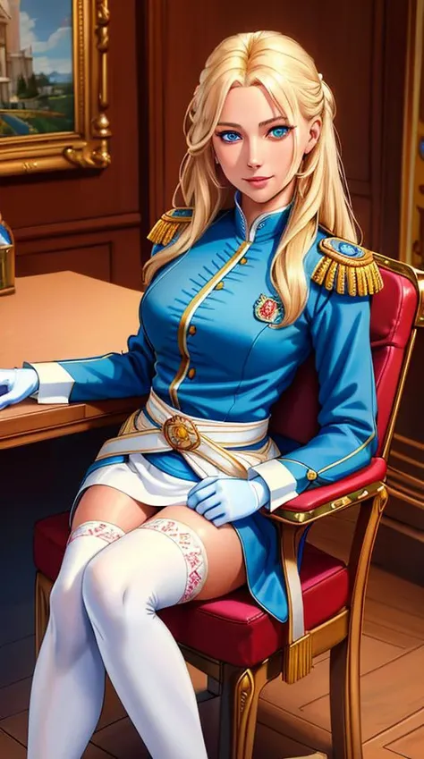 blonde long hair,(Epaulette blue long coat, red shirts, white skirts), blue eyes, white gloves, white thighhigh, (masterpiece:1.4), (high_resolution:1.4), ((realistic, photo-realistic:1.2), (high detailed skin:1.4), (light smile:0.9), (open mouth:0.5), (closed eyes:0.5), (wide hips:1.2), (masterpiece, best quality, ultra-detailed, intricate details_1.2), (absurdres), detailed background, (((breath))), 1igrl, (((thin waist))), finely detailed, hyperrealistic, (((Ray Tracing))), dramatic, (((bright beautiful detailed eyes))), (((best quality, masterpiece, 8k,4k, Ultra Quality))), light rays, colorful, beautiful, vibrant colors, sharp focus, realism, smile, sleepy, happy, joy, (((extremely absurdres))), (((in room (((on the chair))) ))), indoor, , from front, ishikei style