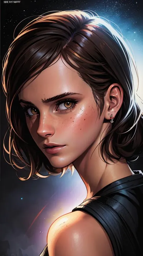 ((Vector)), (((Comics style))), ((best quality)), ((masterpiece)), ((realistic)), (detailed), portrait (Emma Watson: 1.5), (detailed beautiful face, detail skin pores, imperfect skin, ultra-detailed body:1.3), from the front, (acrylic paint:0.4), art, artstation, (cartoon:0.5), dull colors, detailed digital art, trending on artstation, concept art, unreal engine, hyper detailed, volumetric light, moody cinematic epic concept art, realistic matte painting, cinematic epic, insanely detailed, ((masterpiece)), absurdres, HDR, ((Vector)), (((Comics style))),