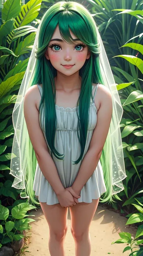 1child,(Highest Quality, Amazing Details),standing,smile,blush,full body,solo,Brilliant face,green hair, long hair,symmetrical eyes, Soft Delicate Beautiful Attractive Face With Alluring gradient Eyes,jungle, beautiful, elegant, depth of field, light particles, (best quality), (masterpiece), (ultra detailed), sharp focus, blue theme