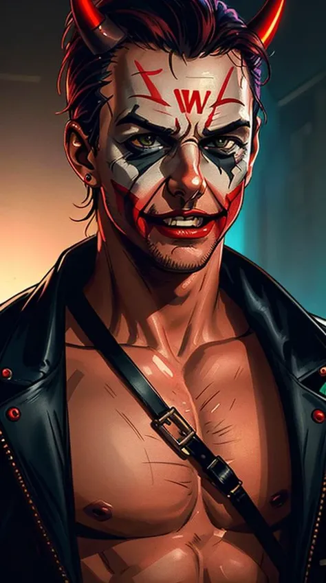 (Close-up portrait), ((cyberpunk Tom Cruise as a demon with horns growing out of his forehead and dark-red skin, as a Joker 2019)), (background inside dark, moody, private study:1.3) , POV, nikon d850, film stock photograph, kodak portra 400, camera f1.6 lens, rich colors, hyper realistic, lifelike texture, (dramatic lighting), cinestill 800, (disney princess style)