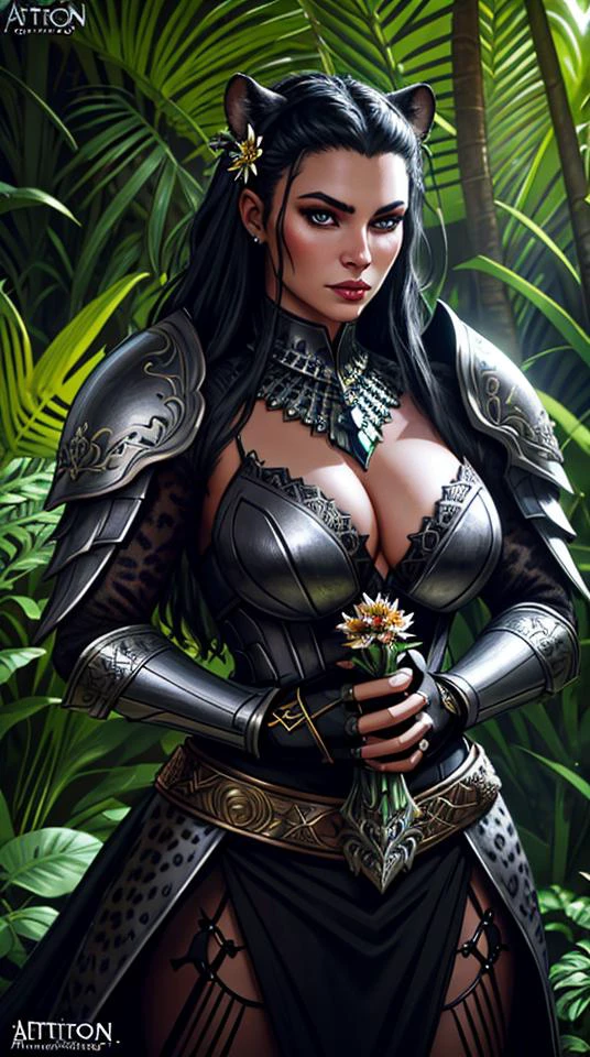 RAW image, Epic scene, ((portrait)), award-winning photo portrait of a werecreature leopard, wearing a black and silver armor, with gigant flower wand in the hands, rainforest background, hyperdetailed, (artstation:1.5), cinematic, warm lights,