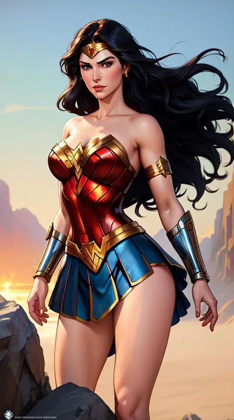 wonder woman, (pretty face:1.2), (finely detailed face and beautiful eyes), mature female, muscle, bare hands, (armlet, armored dress, bracer, head ring ), (black eyes, black long hair, messy hair, floating hair), (long proportional legs), (best quality:1.1),(clear background:1.2), dark_fantasy, wind, 35mm lens, f/1.4, 8K, ((masterpiece)), trending on Artstation, DeviantArt, Mucha, Rutkowski, artgerm