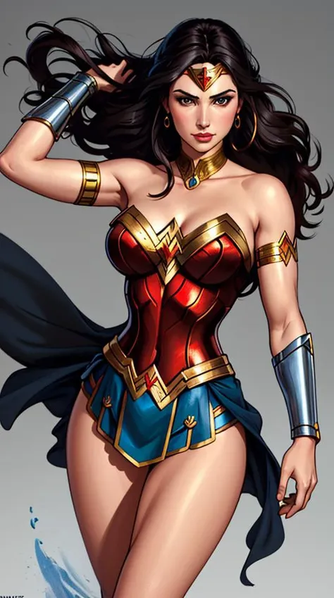 wonder woman, (pretty face:1.2), (finely detailed face and beautiful eyes), mature female, muscle, bare hands, (armlet, armored dress, bracer, head ring ), (black eyes, black long hair, messy hair, floating hair), (long proportional legs), (best quality:1.1),(clear background:1.2), dark_fantasy, wind, 35mm lens, f/1.4, 8K, ((masterpiece)), trending on Artstation, DeviantArt, Mucha, Rutkowski, artgerm