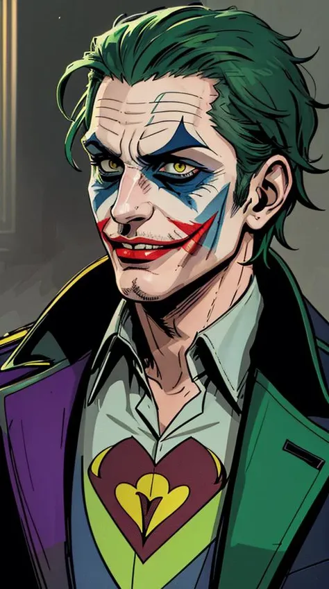 ((Vector)), (((Comics style))), A Joker\(Joker 2019\), green hair, evil smile, epic, realistic, faded, neutral colors, ((((hdr)))), ((((muted colors)))), intricate scene, artstation, hyperdetailed, cinematic shot, warm lights, dramatic light, intricate details, vignette, complex background, [[teal and orange]], slate gray atmosphere, hyperdetailed, (closeup:0.9), ((Vector)), ((Comics style)),