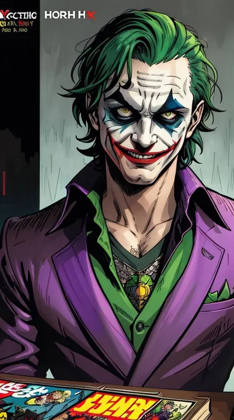 ((Vector)), (((Comics style))), A Joker\(Joker 2019\), green hair, evil smile, epic, realistic, faded, neutral colors, ((((hdr)))), ((((muted colors)))), intricate scene, artstation, hyperdetailed, cinematic shot, warm lights, dramatic light, intricate details, vignette, complex background, [[teal and orange]], slate gray atmosphere, hyperdetailed, (closeup:0.9), ((Vector)), ((Comics style)),