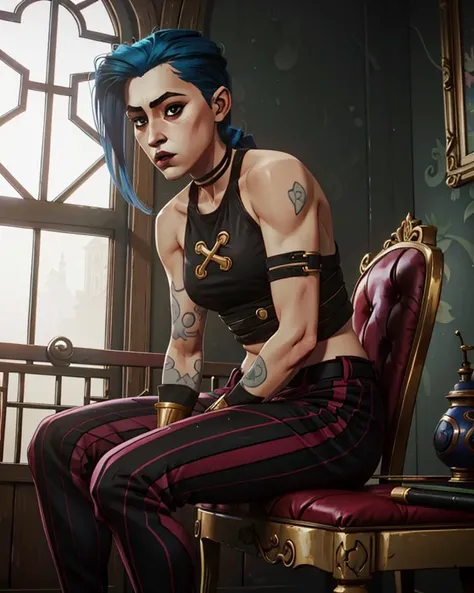 ((j1nxl0l)), <lora:Arcane-Jinx-v1:0.5>,1girl, sitting ,arcane style, <lora:arcaneStyleLora_offset:0.5>