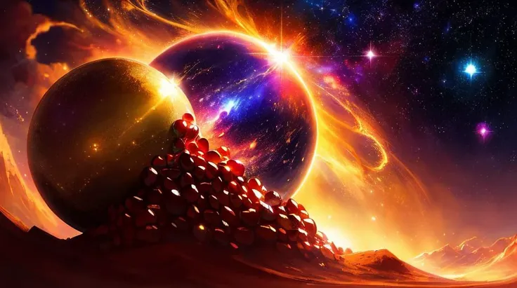 ((masterpiece:1.3,concept art,best quality)),crushed golden pomegranate and space nebula,droplets, stars, (macro: 0.9), sunlight, fantasy art, dynamic composition, dramatic lighting, epic realistic, award winning illustration, (film grain: 1.4),