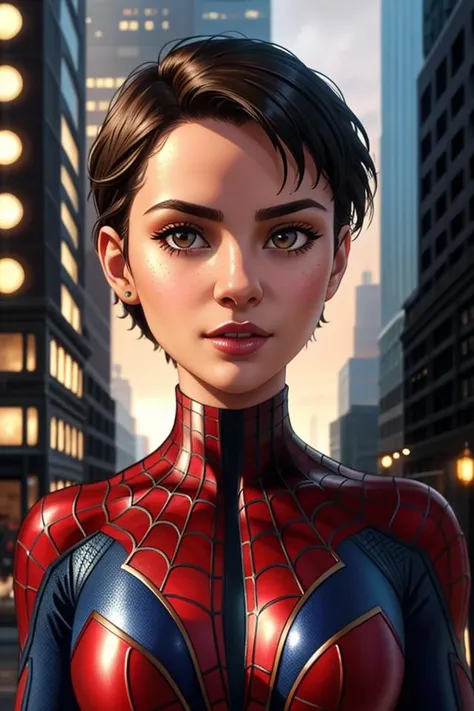 Closeup fullbody portrait of teeny female Spiderman, gnger short hair, city, intricate background, atmospheric scene, masterpiece, best quality, (detailed beautiful face, detail skin texture, ultra-detailed body:1.1), fantasy, feminine+, shiny wet skin, looking at viewer, modelshoot style, (extremely detailed CG), photo of beautiful artwork, High Detail, Sharp focus, dramatic+, (photorealistic), Intricate, handsome,