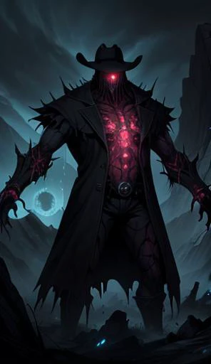 horror \(theme\), dripping_blood,background mountain of pile of corpses, anorexia,long_arms, sharp teeth, sharp fingernails, glowing eyes, green eyes, black trench coat,black cowboy hat, HorrorFantasy, kkw-FX-glowline