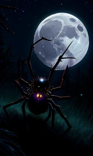 horror \(theme\), cute,cute spider,in a forest,night,moon,spider glows