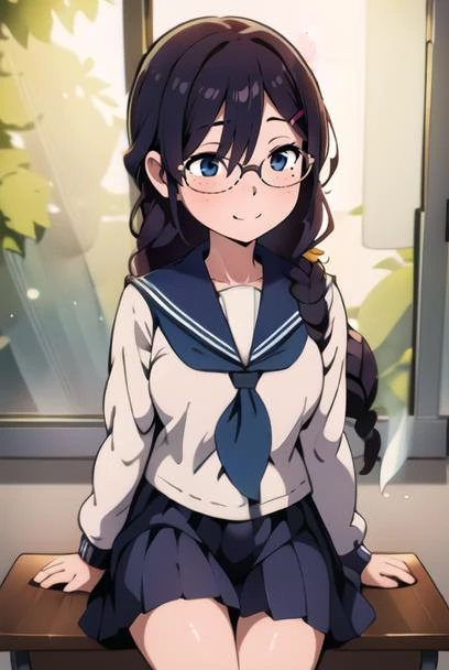 masterpiece, best quality, official art, professional artwork, highres, intricate details, lens flare, (vibrant_color:1.2), <lora:Kaho_Juumonjiv2-10:0.7>, 1girl, solo, long hair, blue eyes, black hair, hair ornament, braid, single braid, glasses, one hairclip, locks over her left eye, hair over her left eye, mole, mole under right eye, navy blue skirt, pleated skirt, shy, blush, school uniform, (white serafuku:1.4), white shirt, blue sailor collar, neckerchief, long sleeves, arms and hands behind back, (expressionless:1.3), smile, classroom background, rain behind window, frontal view, from front