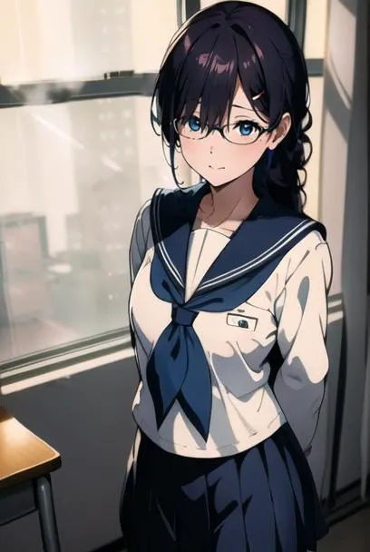 masterpiece, best quality, official art, professional artwork, highres, intricate details, lens flare, (vibrant_color:1.2), <lora:Kaho_Juumonjiv2-10:0.7>, 1girl, solo, long hair, blue eyes, black hair, hair ornament, braid, single braid, glasses, one hairclip, locks over her left eye, hair over her left eye, mole, mole under right eye, navy blue skirt, pleated skirt, shy, blush, school uniform, (white serafuku:1.4), white shirt, blue sailor collar, neckerchief, long sleeves, arms and hands behind back, (expressionless:1.3), smile, classroom background, rain behind window, frontal view, from front