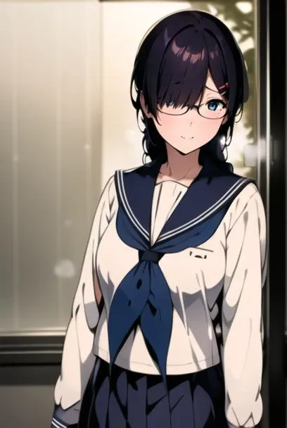 masterpiece, best quality, official art, professional artwork, highres, intricate details, lens flare, (vibrant_color:1.2), <lora:Kaho_Juumonjiv2-10:0.7>, 1girl, solo, long hair, blue eyes, black hair, hair ornament, braid, single braid, glasses, one hairclip, locks over her left eye, hair over her left eye, mole, mole under right eye, navy blue skirt, pleated skirt, shy, blush, school uniform, (white serafuku:1.4), white shirt, blue sailor collar, neckerchief, long sleeves, arms and hands behind back, (expressionless:1.3), smile, classroom background, rain behind window, frontal view, from front