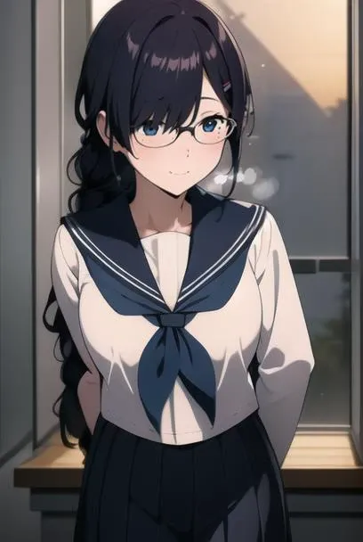 masterpiece, best quality, official art, professional artwork, highres, intricate details, lens flare, (vibrant_color:1.2), <lora:Kaho_Juumonjiv2-10:0.7>, 1girl, solo, long hair, blue eyes, black hair, hair ornament, braid, single braid, glasses, one hairclip, locks over her left eye, hair over her left eye, mole, mole under right eye, navy blue skirt, pleated skirt, shy, blush, school uniform, (white serafuku:1.4), white shirt, blue sailor collar, neckerchief, long sleeves, arms and hands behind back, (expressionless:1.3), smile, classroom background, rain behind window, frontal view, from front
