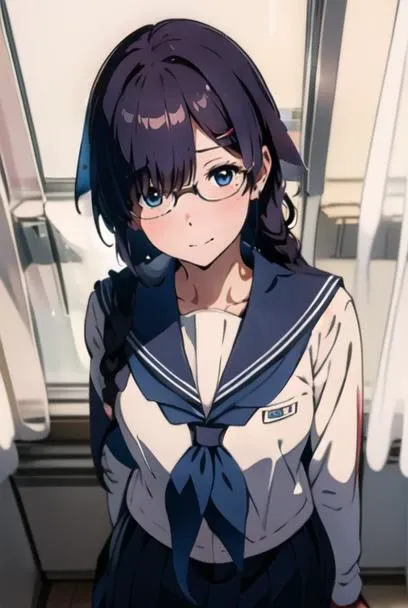 masterpiece, best quality, official art, professional artwork, highres, intricate details, lens flare, (vibrant_color:1.2), <lora:Kaho_Juumonjiv2-10:0.7>, 1girl, solo, long hair, blue eyes, black hair, hair ornament, braid, single braid, glasses, one hairclip, locks over her left eye, hair over her left eye, mole, mole under right eye, navy blue skirt, pleated skirt, shy, blush, school uniform, (white serafuku:1.4), white shirt, blue sailor collar, neckerchief, long sleeves, arms and hands behind back, (expressionless:1.3), smile, classroom background, rain behind window, frontal view, from front