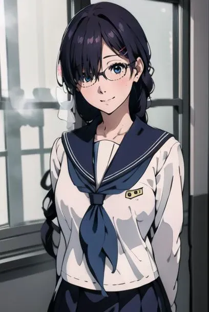 masterpiece, best quality, official art, professional artwork, highres, intricate details, lens flare, (vibrant_color:1.2), <lora:Kaho_Juumonjiv2-10:0.7>, 1girl, solo, long hair, blue eyes, black hair, hair ornament, braid, single braid, glasses, one hairclip, locks over her left eye, hair over her left eye, mole, mole under right eye, navy blue skirt, pleated skirt, shy, blush, school uniform, (white serafuku:1.4), white shirt, blue sailor collar, neckerchief, long sleeves, arms and hands behind back, (expressionless:1.3), smile, classroom background, rain behind window, frontal view, from front