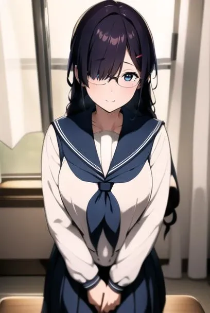 masterpiece, best quality, official art, professional artwork, highres, intricate details, lens flare, (vibrant_color:1.2), <lora:Kaho_Juumonjiv2-10:0.7>, 1girl, solo, long hair, blue eyes, black hair, hair ornament, braid, single braid, glasses, one hairclip, locks over her left eye, hair over her left eye, mole, mole under right eye, navy blue skirt, pleated skirt, shy, blush, school uniform, (white serafuku:1.4), white shirt, blue sailor collar, neckerchief, long sleeves, arms and hands behind back, (expressionless:1.3), smile, classroom background, rain behind window, frontal view, from front