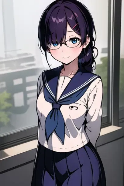 masterpiece, best quality, official art, professional artwork, highres, intricate details, lens flare, (vibrant_color:1.2), <lora:Kaho_Juumonjiv2-10:0.7>, 1girl, solo, long hair, blue eyes, black hair, hair ornament, braid, single braid, glasses, one hairclip, locks over her left eye, hair over her left eye, mole, mole under right eye, navy blue skirt, pleated skirt, shy, blush, school uniform, (white serafuku:1.4), white shirt, blue sailor collar, neckerchief, long sleeves, arms and hands behind back, (expressionless:1.3), smile, classroom background, rain behind window, frontal view, from front