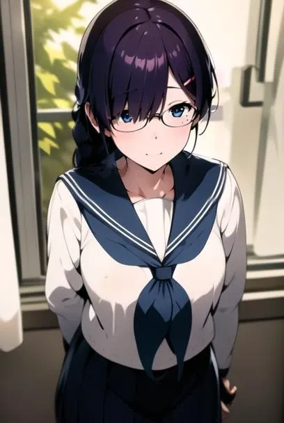 masterpiece, best quality, official art, professional artwork, highres, intricate details, lens flare, (vibrant_color:1.2), <lora:Kaho_Juumonjiv2-10:0.7>, 1girl, solo, long hair, blue eyes, black hair, hair ornament, braid, single braid, glasses, one hairclip, locks over her left eye, hair over her left eye, mole, mole under right eye, navy blue skirt, pleated skirt, shy, blush, school uniform, (white serafuku:1.4), white shirt, blue sailor collar, neckerchief, long sleeves, arms and hands behind back, (expressionless:1.3), smile, classroom background, rain behind window, frontal view, from front