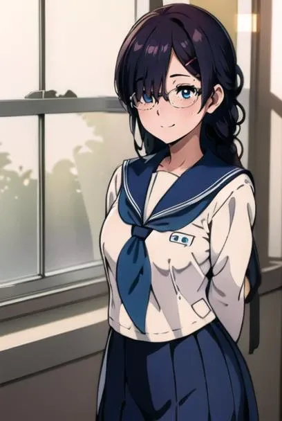 masterpiece, best quality, official art, professional artwork, highres, intricate details, lens flare, (vibrant_color:1.2), <lora:Kaho_Juumonjiv2-10:0.7>, 1girl, solo, long hair, blue eyes, black hair, hair ornament, braid, single braid, glasses, one hairclip, locks over her left eye, hair over her left eye, mole, mole under right eye, navy blue skirt, pleated skirt, shy, blush, school uniform, (white serafuku:1.4), white shirt, blue sailor collar, neckerchief, long sleeves, arms and hands behind back, (expressionless:1.3), smile, classroom background, rain behind window, frontal view, from front