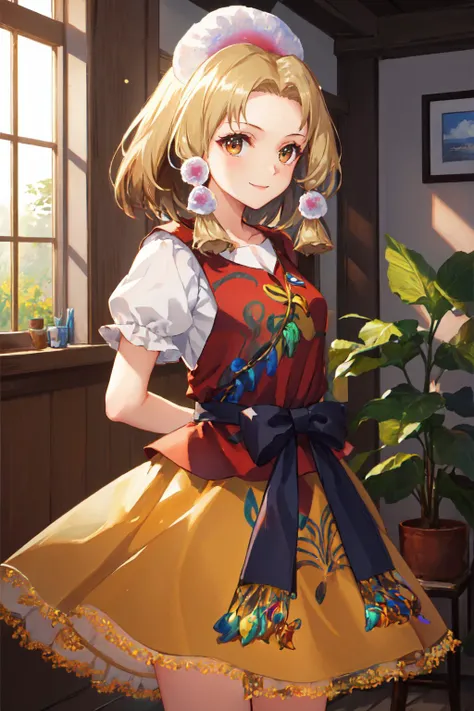 (masterpiece, best quality:1.2), <lora:touhou_tamatsukuri:1.0>, cowboy shot, solo, 1girl, tamatsukuri, smile, looking at viewer, arms behind back, shirt, puffy short sleeves, yellow skirt, magatama