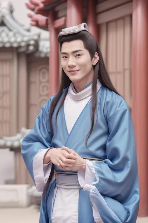 front view, masterpiece, extreme close-up shot, best quality, ultra HD, long haired muscular asian male, ((beautiful hands)), gentle smile, blue hanfu, detailed face, inside a Chinese temple, bokeh, <lora:yulexuanbluelorav1:0.7>