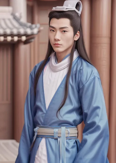 front view, masterpiece, extreme close-up shot, best quality, ultra HD, long haired muscular asian male, blue hanfu, detailed face, inside a Chinese temple, bokeh,<lora:yulexuanbluelorav1:0.7>