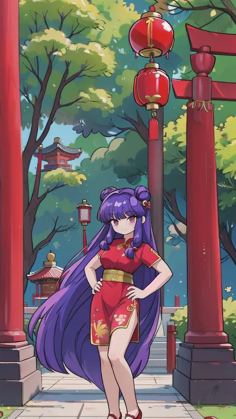 <lora:ShanpuuRanmaV2:0.6> shanpuuranma, china_dress_red_SMP:2, purple hair, red dress, posing in front of a shinto temple, hair bell, nature, hair bell, hand on hip