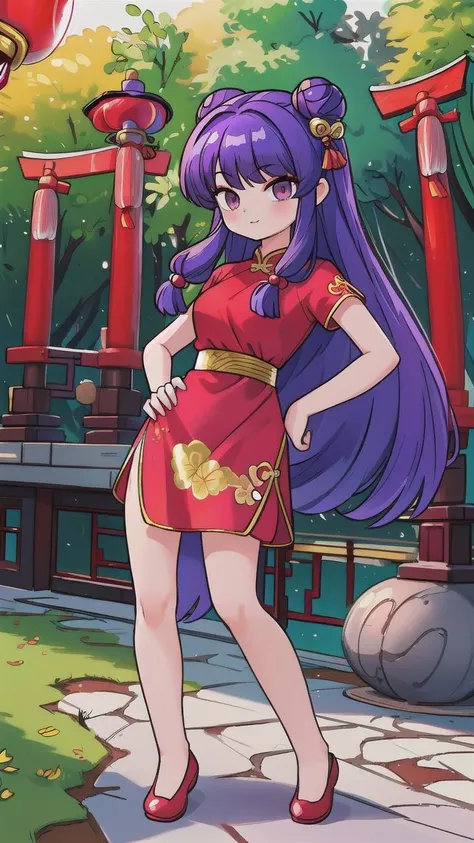<lora:ShanpuuRanmaV2:0.6> shanpuuranma, china_dress_red_SMP:2,   purple hair, red dress, posing in front of a shinto temple, hair bell, nature,  hair bell, hand on hip