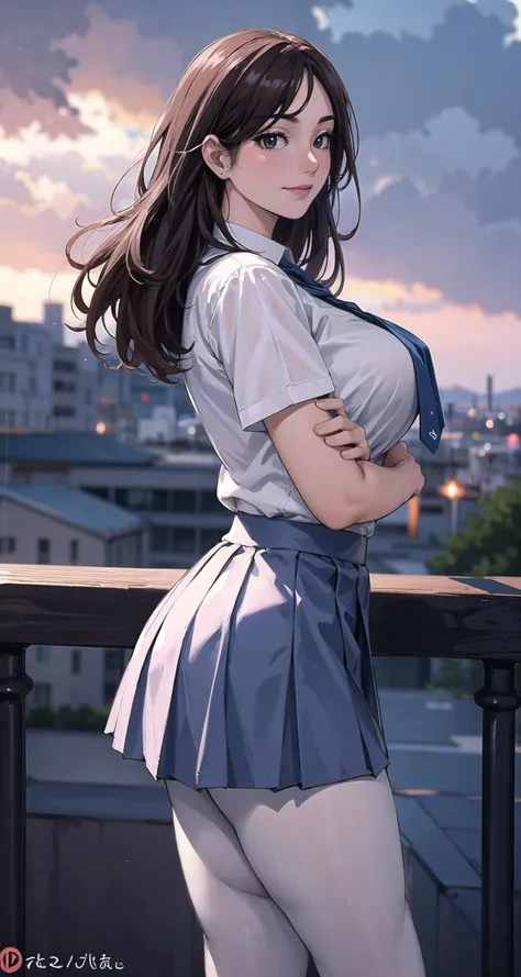 ((masterpiece,intricate details)),1girl,mature female,brown eyes,smile,large breasts,thick thighs, wide hip,BREAK ((school_uniform)),pleated skirt,(BLUE_Long_Tie),(white pantyhose),loafers,(Gravure pose:1.2),Sunset,Nippon High School,wsal, <lora:wsal:0.5> BREAK darkened sky,raining,cumulonimbus,((cowboy shot)),from side:1.3,depth of field,looking at viewer