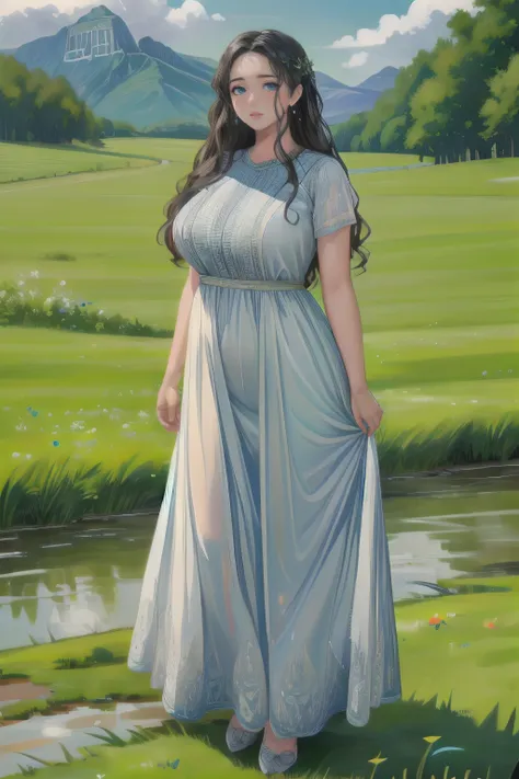 full body shot,  1girl, highly detailed, 8k, ((masterpiece,intricate details))
a mature woman in a ((flowing dress)),  
wet hair, blue eyes, plump, looking at the viewer
View from below, depth of field, 
on a field of grass, standing, mountainous horizon,