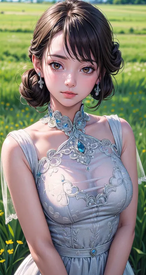 ((masterpiece,intricate details)),realistic, photorealistic,1girl,mature female,Textured updo,,brown eyes,:3,,,,,,,meadow, ,,,,depth of field,looking at viewer