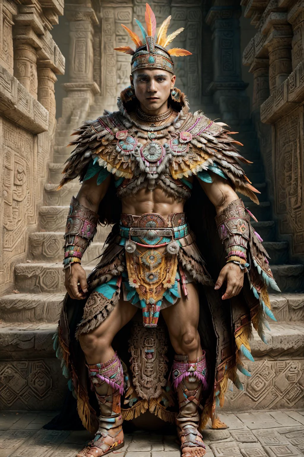 standing on temple steps, Mayan ruins, confident expression, looking at viewer, noble pose, wearing (loincloth skirt), intricate symbolic artwork, jordan_torres <lora:jt-prodigy-06:1> wearing azt3ch Mayan knight armor and robes with (feathers:1) <lora:Clothing - Aztech Armor:0.8>, bold colors, strong confident (heroic) stance, Chacah, cacao flowers, copal, marigolds