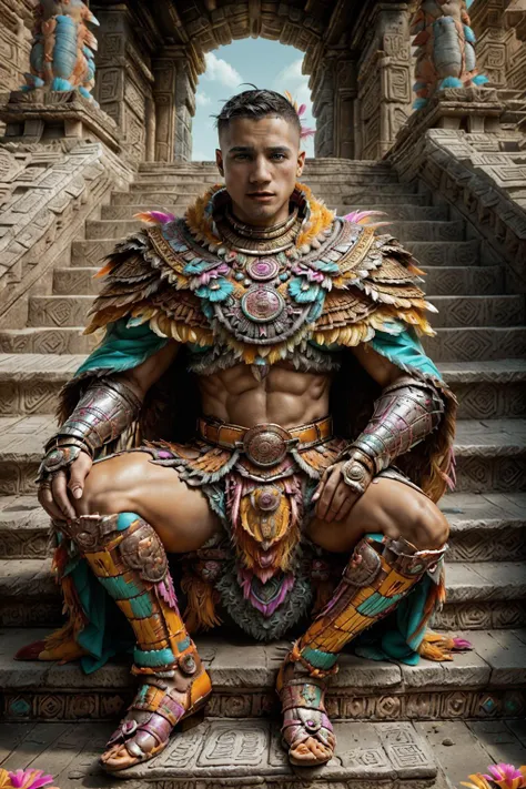 posing on temple steps, Mayan ruins, confident expression, looking at viewer, noble pose, jordan_torres <lora:jt-prodigy-06:1> wearing ornate azt3ch Mayan knight armor and robes with (feathers:1) <lora:Clothing - Aztech Armor:0.8>, bold colors,   Chacah, cacao flowers, copal, marigolds, natural lighting