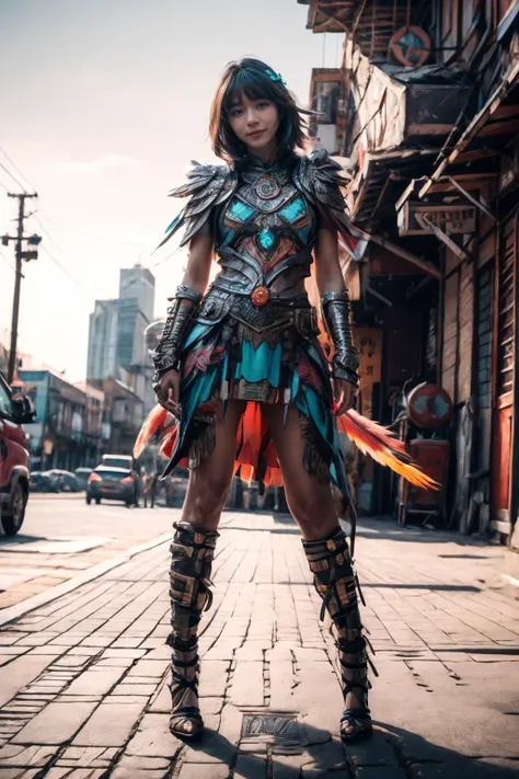 (Realistic),masterpiece,best quality,cinematic lighting,natural shadow,highest detail,professional photography,detailed background,depth of field,insane details,intricate,aesthetic,detailed face,subsurface scattering,looking at viewer,Crane Shot,
1girl,photo of a cute girl,full body,light smile,charming,20yo,drill hair.Asymmetrical bangs,Teal hair,Thinking,outdoors,
azt3ch,aztec,science fiction,neon light,mechanical,feathers,knight armor,
<lora:GoodHands-vanilla:1>,<lora:add_detail:1>,<lora:Better light:1>,<lora:Clothing - Aztech Armor:0.8>,