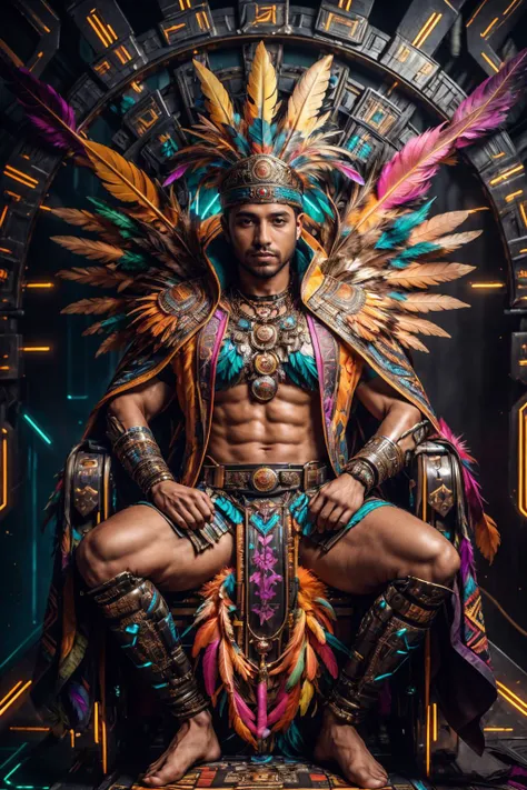 A young man, big chest muscles, showing abs, black hair, smile, exposed thighs, thong, colored feathers, metal ornaments, colorful flowers, particles, light, (masterpiece, top quality, best quality, official art, beautiful and aesthetic:1.2), (1man:1.3), extremely detailed, (fractal art:1.1),(colorful:1.1)(flowers:1.3),highest detailed,(zentangle:1.2), (dynamic pose), (abstract background:1.3), (shiny skin), (many colors:1.4), ,(earrings:1.4), (feathers:1.4)