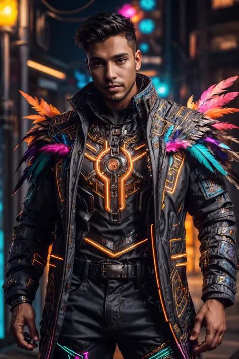 azt3ch, photo of a south american man wearing coat, science fiction, neon light, mechanical, feathers, dynamic pose, fantasy aztec city background, pants, shirt, realistic, masterpiece, intricate details, detailed background, depth of field,