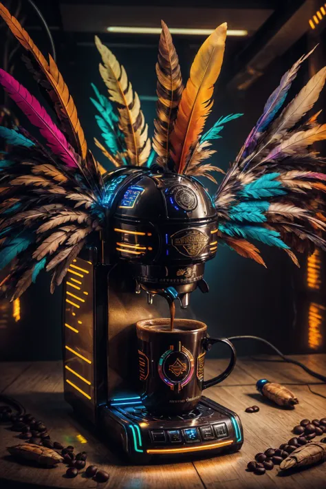 azt3ch, photo of an aztec coffee machine, science fiction, neon light, mechanical, feathers, fantasy aztec background, dynamic angle, best quality, masterpiece, detailed background, depth of field, intricate details