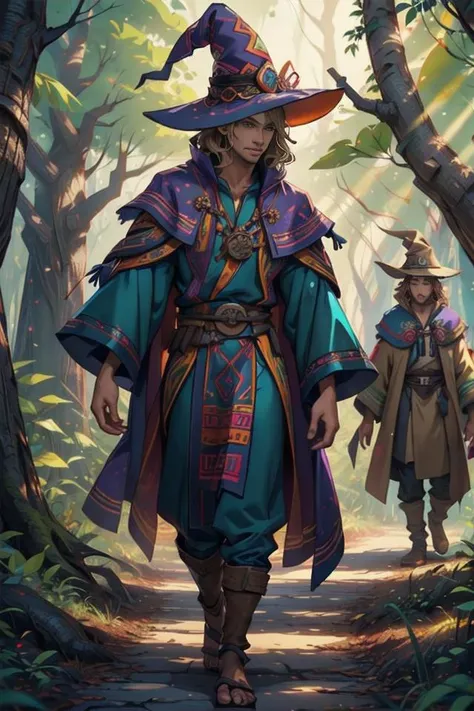 azt3ch, Disney, animation, expressive eyes, perfect face, 
3men, handsome adventurers walking through an enchanted forest, 1man has blond hair, 1man wearing Aztec wizard robe and witch hat, 1man has dark brown hair; 
forest clearing, fantasy woodlands, detailed background, depth of field, all male, men only, magic,
<lora:skin_tone_slider_v1:1>, <lora:Clothing - Aztech Armor:0.6>