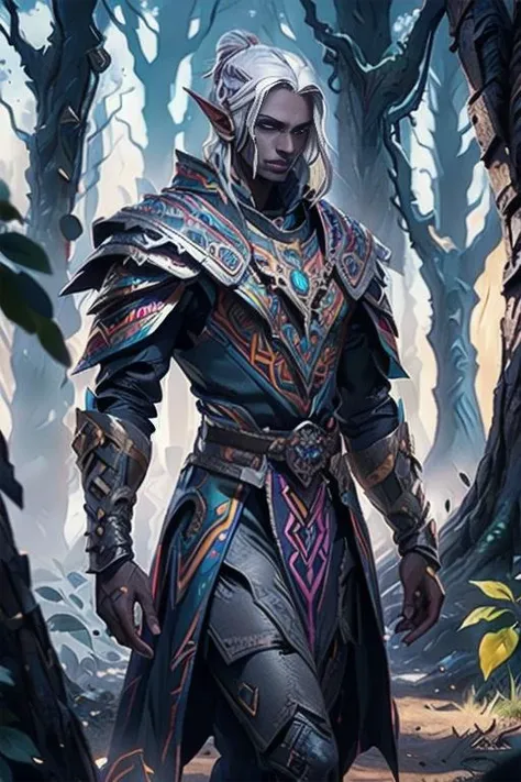 azt3ch, Disney, animation, expressive eyes, perfect face,
1man Drow, dark elf, dark skin, wearing Aztec priest costume, white hair, white pubic hair, exposed chest, (large nipples),
walking toward viewer, medieval fantasy, vibrant woodlands, clear sky, sunlight, detailed background, daytime, magic, looking at other, cowboy shot,
<lora:Clothing - Aztech Armor:0.6>, <lora:drow_offset:1>,