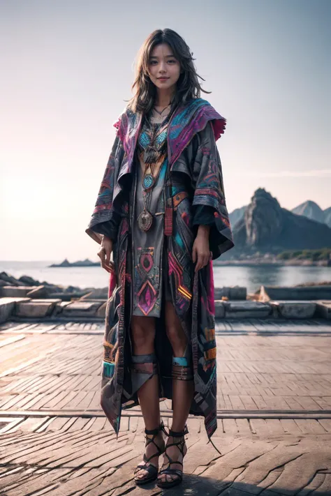 (Realistic),masterpiece,best quality,cinematic lighting,natural shadow,highest detail,professional photography,detailed background,depth of field,insane details,intricate,aesthetic,detailed face,subsurface scattering,looking at viewer,Boom Shot,
1girl,photo of a cute girl,full body,light smile,charming,20yo,Straight Hair.side undercut,Gunmetal gray hair,Meditating,outdoors,
azt3ch,aztec,science fiction,neon light,mechanical,feathers,wizard robe,
<lora:GoodHands-vanilla:1>,<lora:add_detail:1>,<lora:Better light:1>,<lora:Clothing - Aztech Armor:0.8>,
