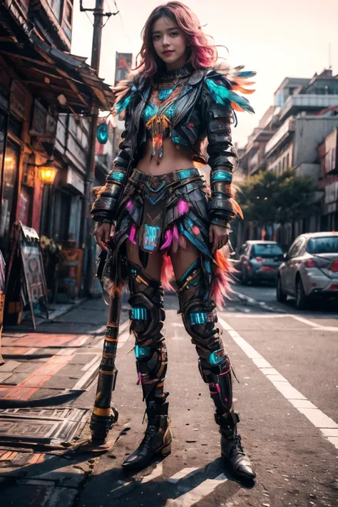 (Realistic),masterpiece,best quality,cinematic lighting,natural shadow,highest detail,professional photography,detailed background,depth of field,insane details,intricate,aesthetic,detailed face,subsurface scattering,looking at viewer,Boom Shot,
1girl,photo of a cute girl,full body,light smile,charming,20yo,one side up hair.shiny hair,Neon pink hair,Leaning,outdoors,
azt3ch,aztec,science fiction,neon light,mechanical,feathers,exosuit,
<lora:GoodHands-vanilla:1>,<lora:add_detail:1>,<lora:Better light:1>,<lora:Clothing - Aztech Armor:0.8>,