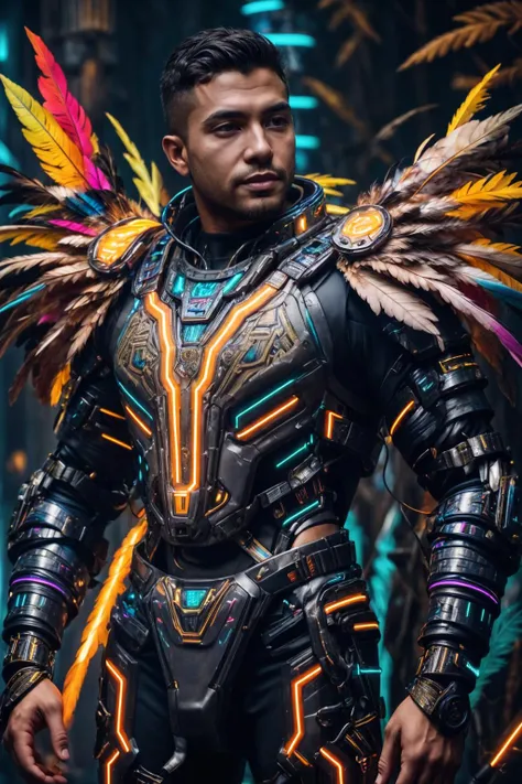 azt3ch, photo of a south american man wearing exosuit, science fiction, neon light, mechanical, feathers, dynamic pose, fantasy aztec background, outdoors, nature, realistic, masterpiece, intricate details, detailed background, depth of field,