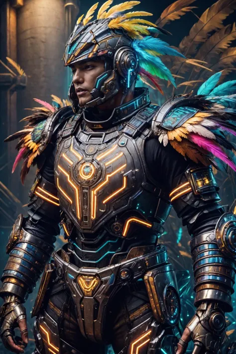 azt3ch, photo of a south american man wearing power armor, science fiction, neon light, mechanical, feathers, dynamic pose, fantasy aztec background, outdoors, nature, helmet, cowboy shot, realistic, masterpiece, intricate details, detailed background, depth of field,